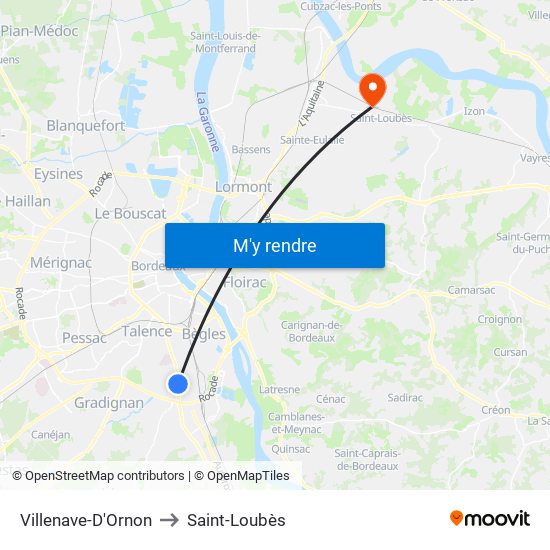 Villenave-D'Ornon to Saint-Loubès map