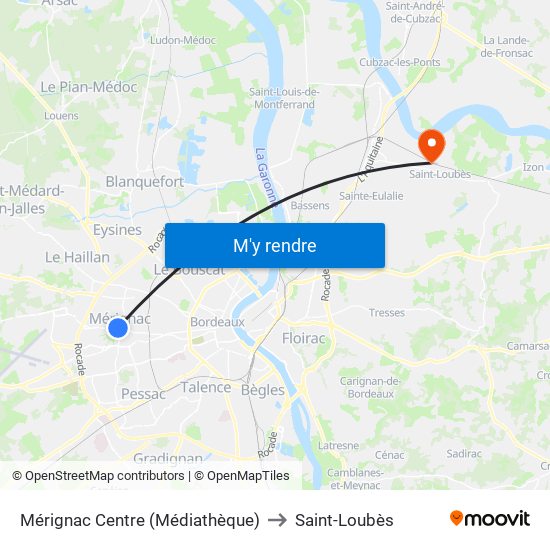 Mérignac Centre (Médiathèque) to Saint-Loubès map