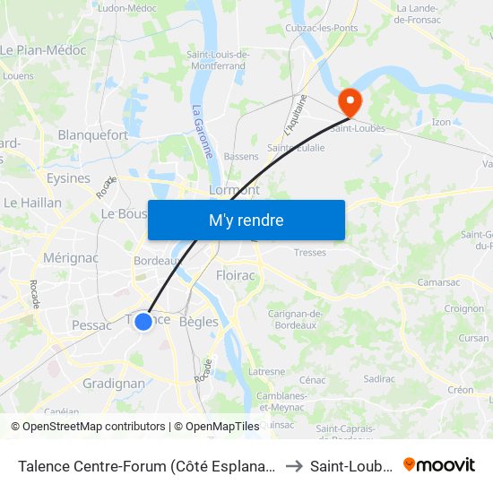 Talence Centre-Forum (Côté Esplanade) to Saint-Loubès map