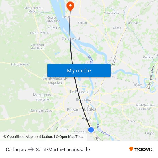 Cadaujac to Saint-Martin-Lacaussade map