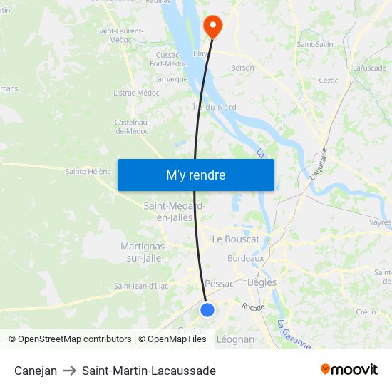 Canejan to Saint-Martin-Lacaussade map