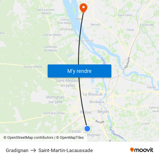 Gradignan to Saint-Martin-Lacaussade map