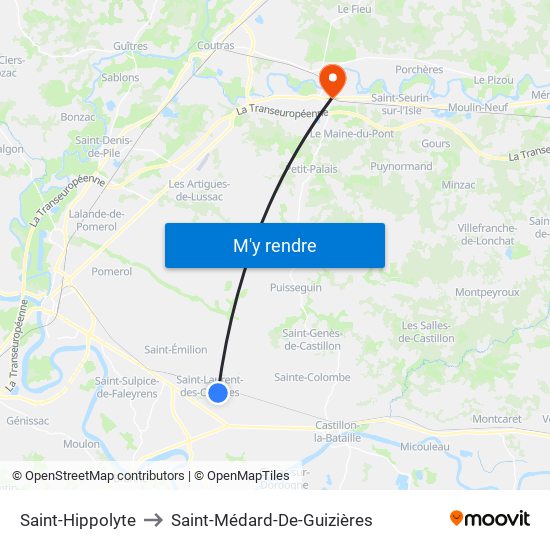Saint-Hippolyte to Saint-Médard-De-Guizières map