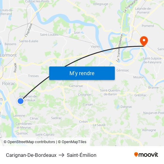 Carignan-De-Bordeaux to Saint-Émilion map