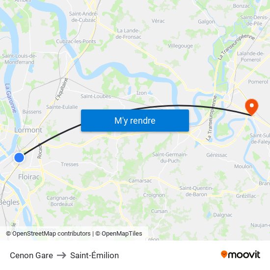 Cenon Gare to Saint-Émilion map