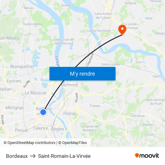 Bordeaux to Saint-Romain-La-Virvée map
