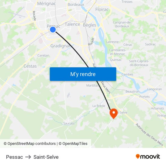 Pessac to Saint-Selve map