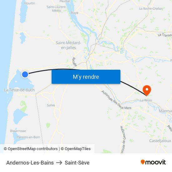 Andernos-Les-Bains to Saint-Sève map