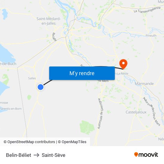 Belin-Béliet to Saint-Sève map