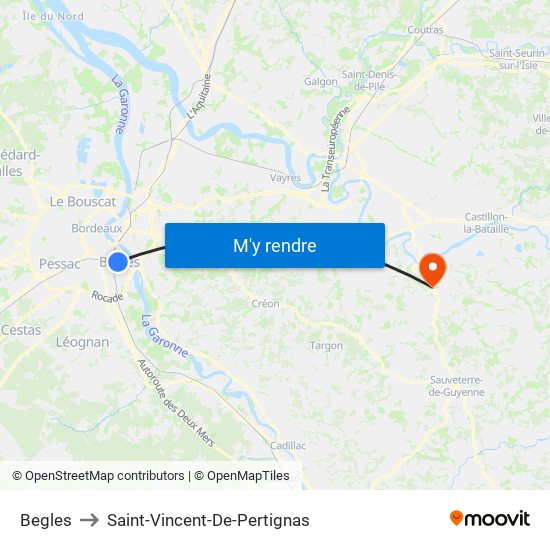 Begles to Saint-Vincent-De-Pertignas map