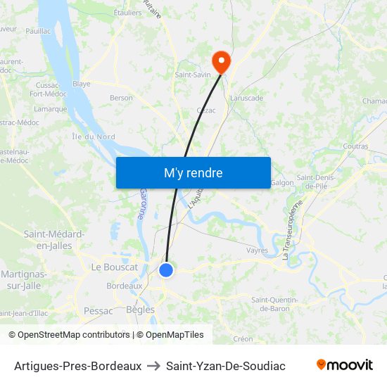 Artigues-Pres-Bordeaux to Saint-Yzan-De-Soudiac map