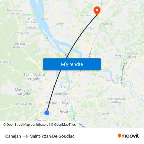 Canejan to Saint-Yzan-De-Soudiac map