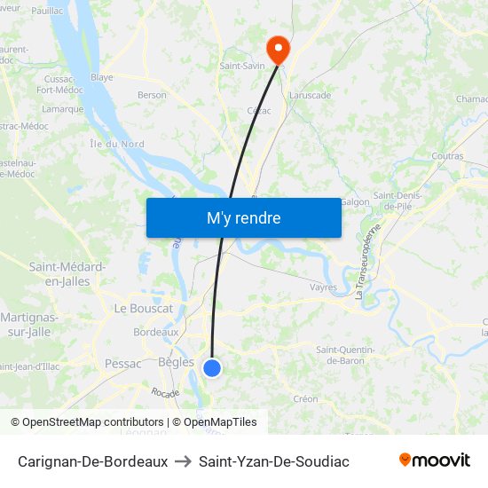 Carignan-De-Bordeaux to Saint-Yzan-De-Soudiac map