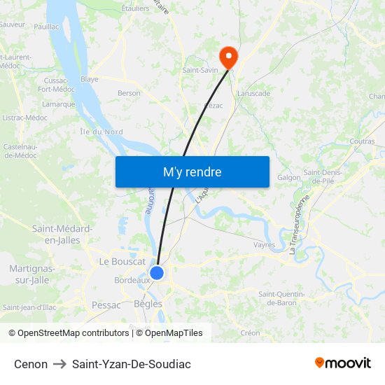 Cenon to Saint-Yzan-De-Soudiac map
