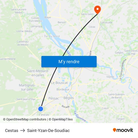 Cestas to Saint-Yzan-De-Soudiac map