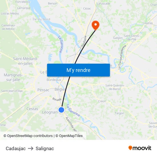 Cadaujac to Salignac map