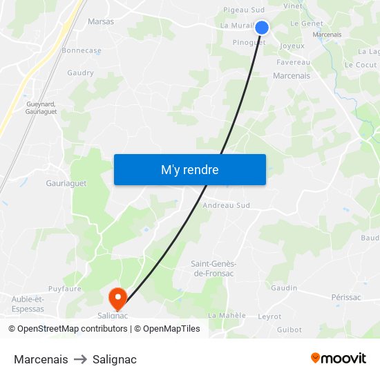 Marcenais to Salignac map