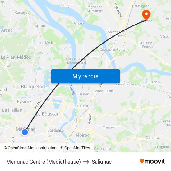 Mérignac Centre (Médiathèque) to Salignac map