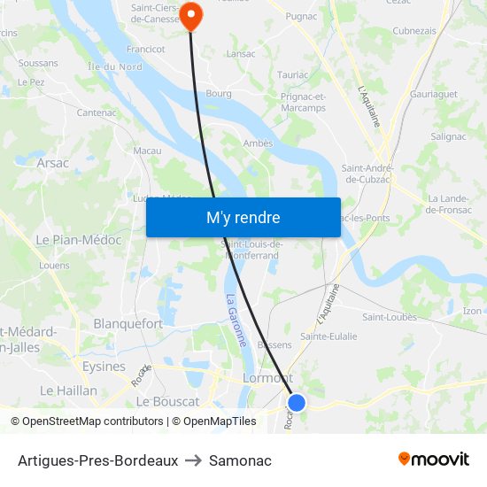 Artigues-Pres-Bordeaux to Samonac map