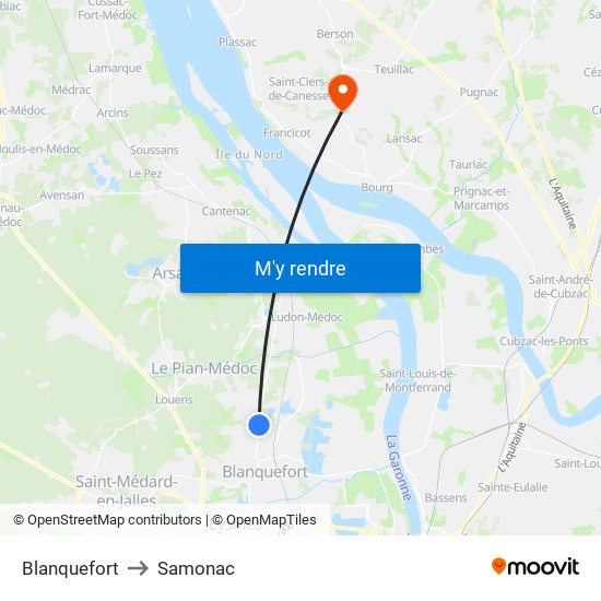 Blanquefort to Samonac map