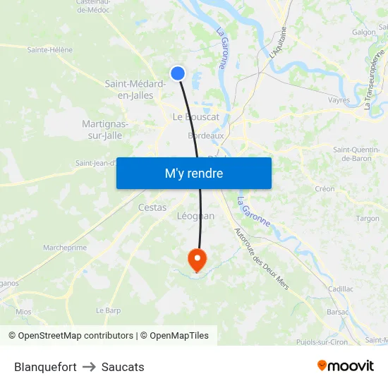 Blanquefort to Saucats map