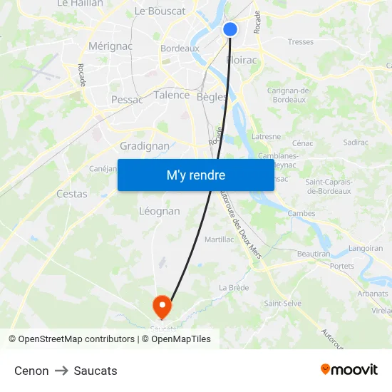 Cenon to Saucats map