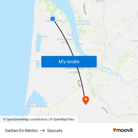 Gaillan-En-Médoc to Saucats map