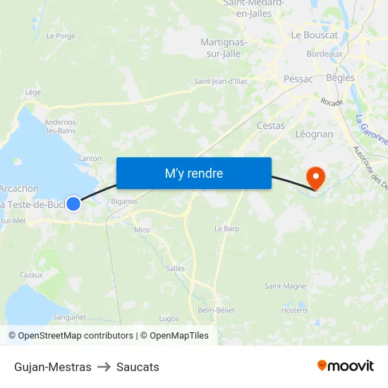 Gujan-Mestras to Saucats map