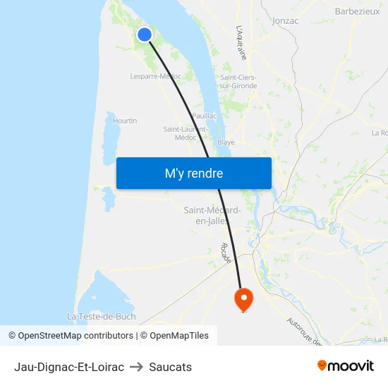 Jau-Dignac-Et-Loirac to Saucats map