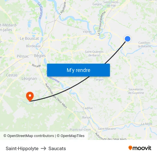 Saint-Hippolyte to Saucats map