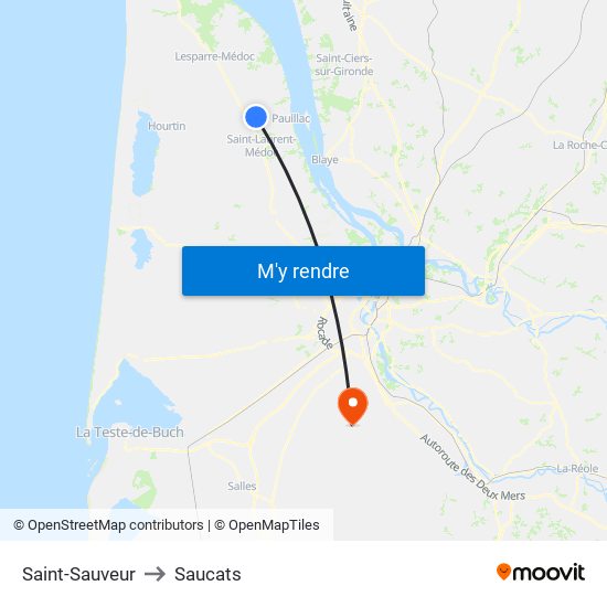 Saint-Sauveur to Saucats map