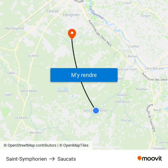 Saint-Symphorien to Saucats map