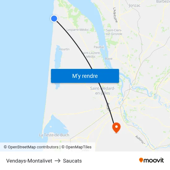 Vendays-Montalivet to Saucats map