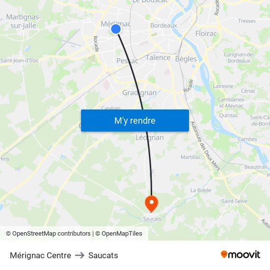 Mérignac Centre to Saucats map