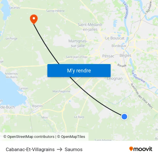 Cabanac-Et-Villagrains to Saumos map