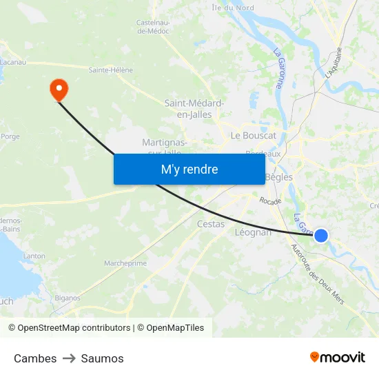 Cambes to Saumos map