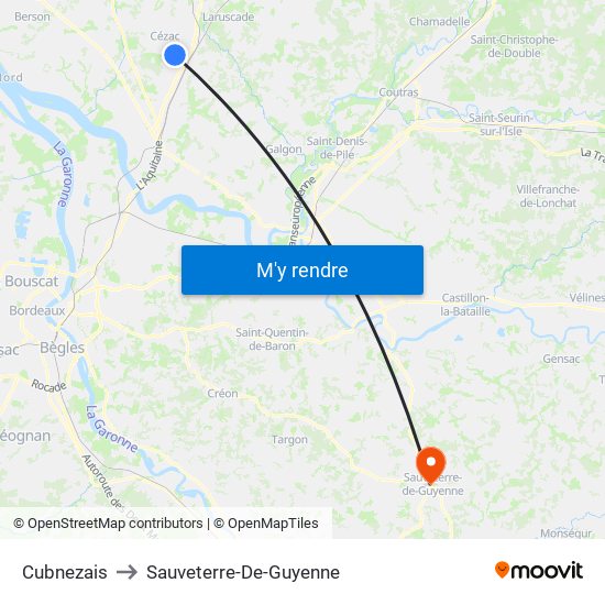 Cubnezais to Sauveterre-De-Guyenne map