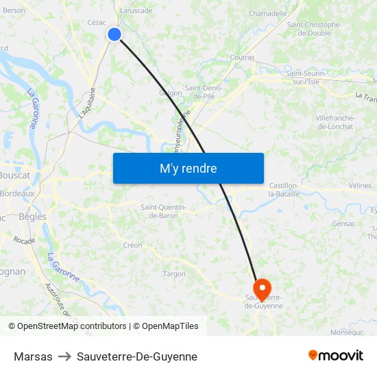 Marsas to Sauveterre-De-Guyenne map