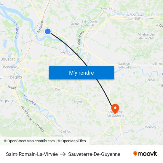 Saint-Romain-La-Virvée to Sauveterre-De-Guyenne map