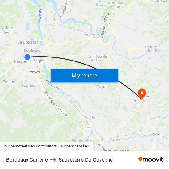 Bordeaux Carreire to Sauveterre-De-Guyenne map