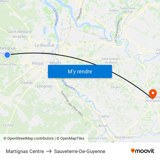 Martignas Centre to Sauveterre-De-Guyenne map