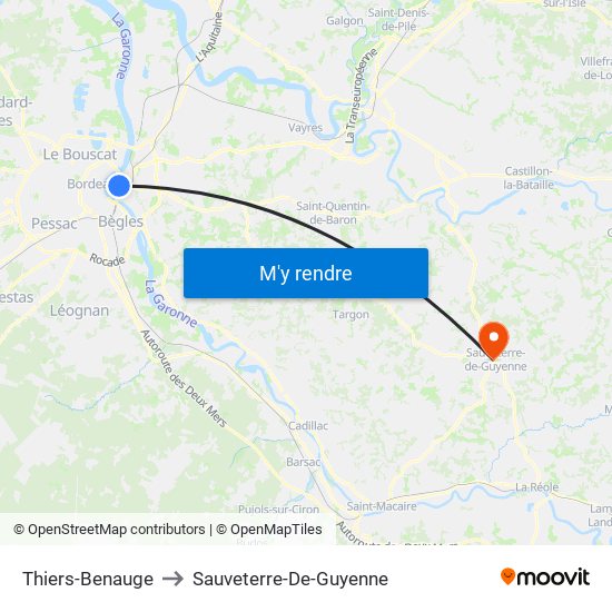 Thiers-Benauge to Sauveterre-De-Guyenne map