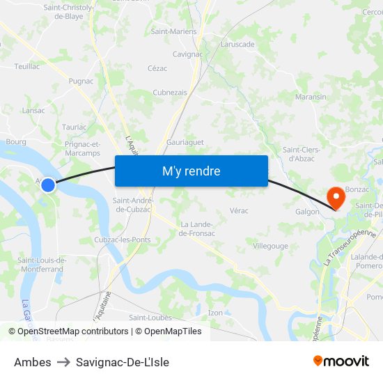 Ambes to Savignac-De-L'Isle map