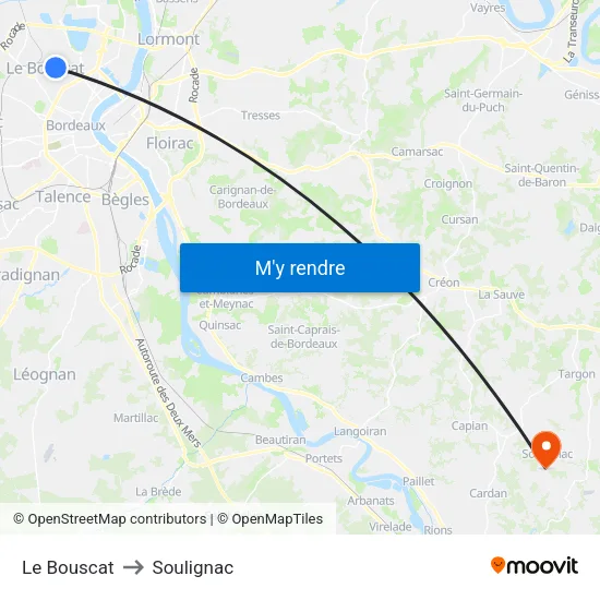 Le Bouscat to Soulignac map
