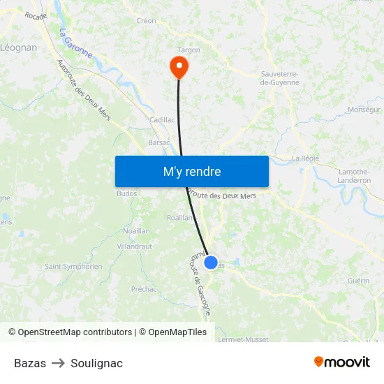 Bazas to Soulignac map