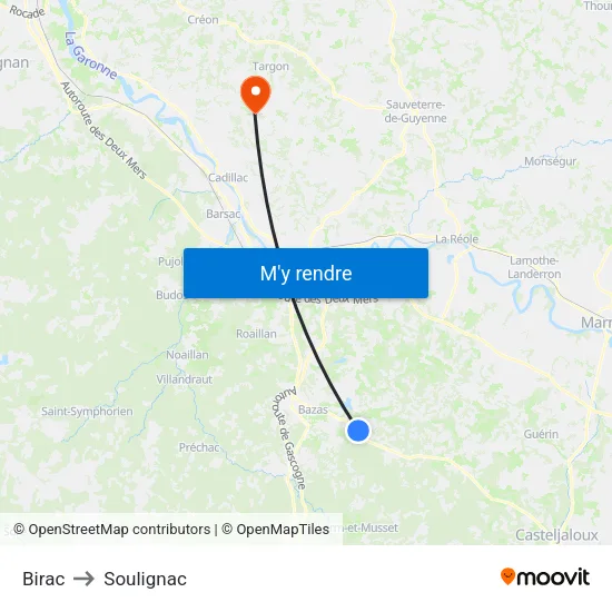 Birac to Soulignac map