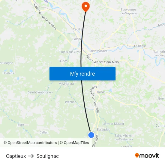 Captieux to Soulignac map