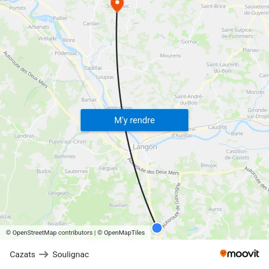 Cazats to Soulignac map