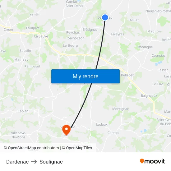 Dardenac to Soulignac map