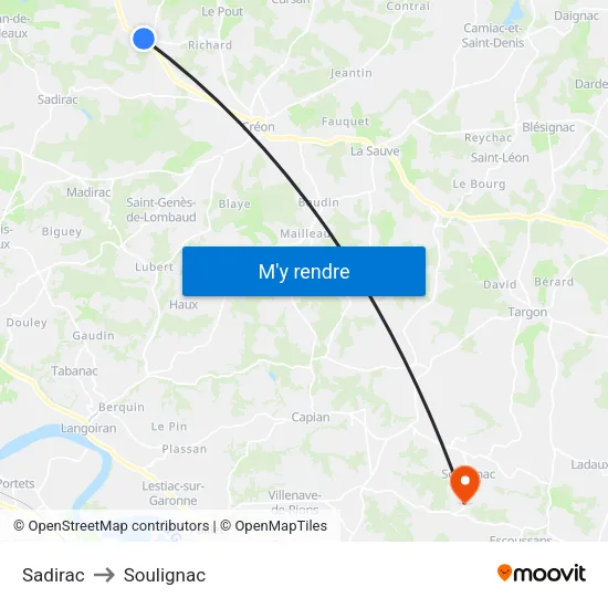 Sadirac to Soulignac map